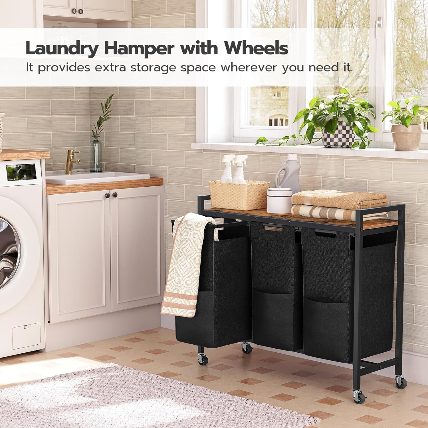 HOOBRO Laundry Sorter 3 Section, Laundry Hamper with Wheels, 3 × 11.5 Gal (43.5 L), Rolling Laundry Basket, Pull-Out and Removable Oxford Fabric Laundry Bags, Rustic Brown and Black BF76XY01 - NestledHome