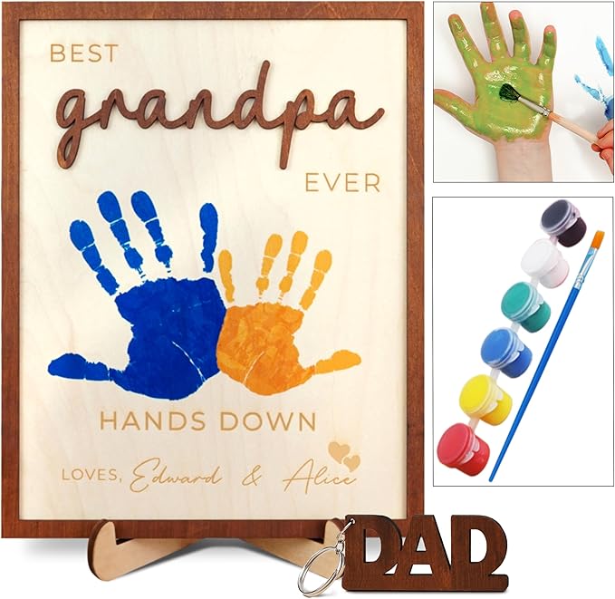 Dad Hand Print Sign Personalized Father Birthday Gifts Wooden Plaque Family Name Best Dad Ever Hands Down Frame Engraved Art Craft Gift For Grandpa Daddy Papa from Daughter Son Wife