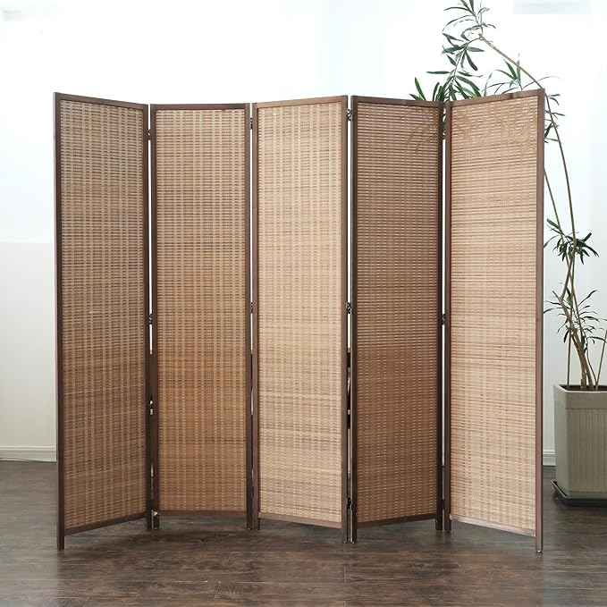 5 Panel Bamboo Room Divider and Folding Panel Screen,Bamboo Panel Divider for Room Separation,Brown,67" H x 76.75" W