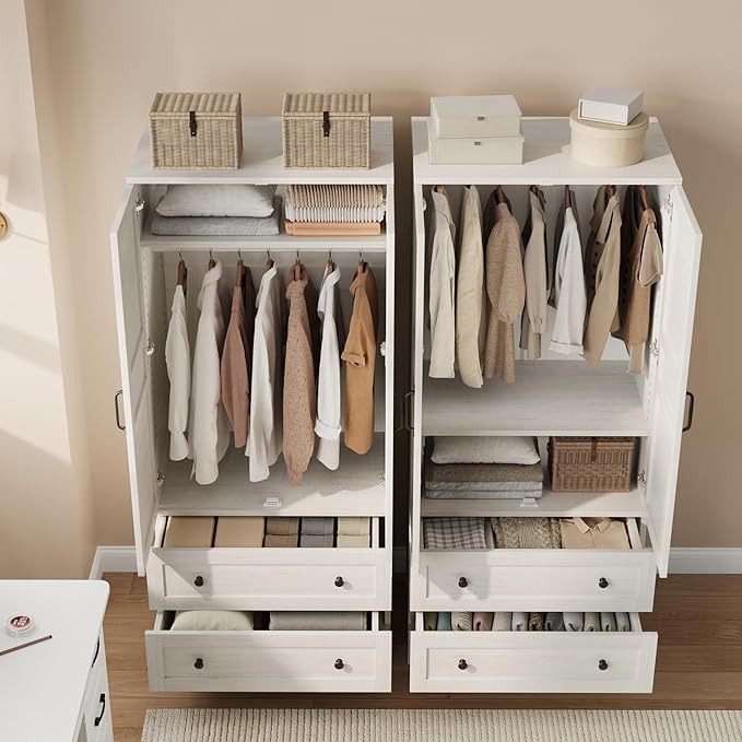 GarveeHome Armoire Wardrobe Closet with 2 Drawers,72 in Wooden Wardrobe Cabinet with Hanging Rod, Tall Clothing Armoire Cabinet with Doors and 18 Adjustable Shelves for Bedroom, Clothes, Rustic White