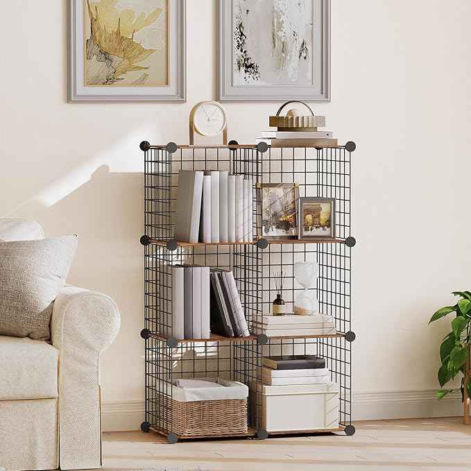 HOOBRO Wire Cube Storage Organizer, 6-Cube Shelves, Modular Shelves with Metal Grid, DIY Closet Cabinet for Living Room, Bedroom, Rustic Brown and Black BF06CW01