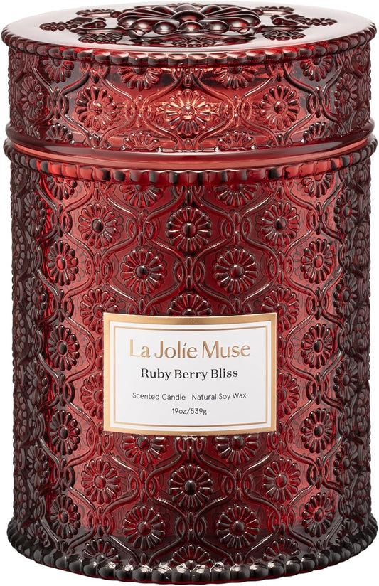 LA JOLIE MUSE Ruby Berry Bliss Scented Candle – Mandarin, Cranberry & Plum | 19 oz Festive Fall Candle | Wooden Wick | Clean Burn & Vibrant Scent | Fun Gift for Hosts & Fall Tablescapes - NestledHome