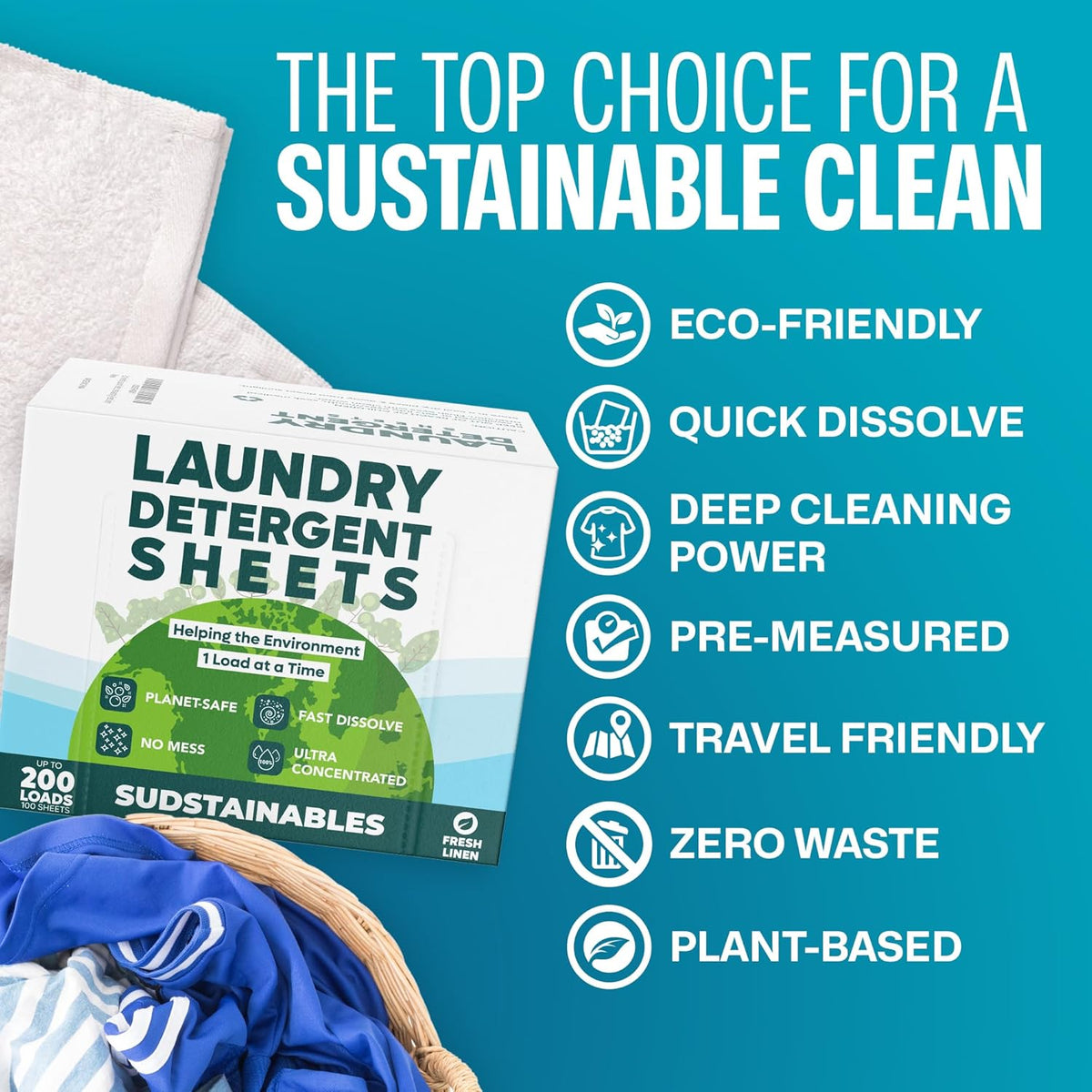 Sudstainables Laundry Detergent Sheets (200 Loads) – Eco-Friendly, Zero Waste, Plastic-Free Laundry Washing Machines Soap Sheets; Dissolvable, Space-Saving Strips for Travel (Fresh Linen) - NestledHome