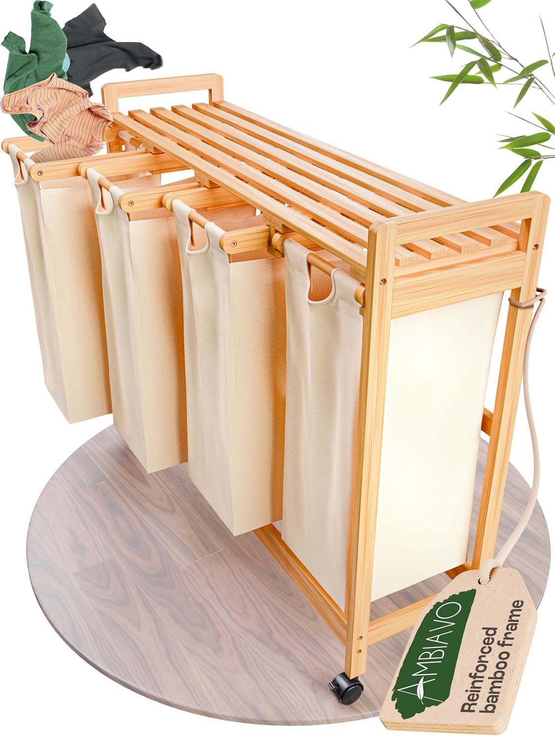 Laundry Sorter with 4 Sections beige, Hamper with Removable Cotton Bags & Wheels – Perfect Laundry Organizer - Eco-Friendly Rolling Laundry Basket – Durable Bamboo and Stylish Design - NestledHome