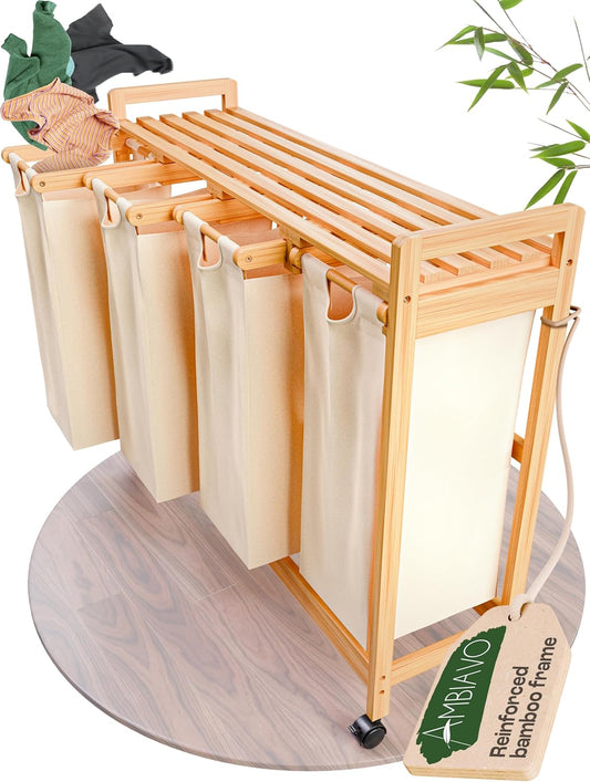 Laundry Sorter with 4 Sections beige, Hamper with Removable Cotton Bags & Wheels – Perfect Laundry Organizer - Eco-Friendly Rolling Laundry Basket – Durable Bamboo and Stylish Design - NestledHome