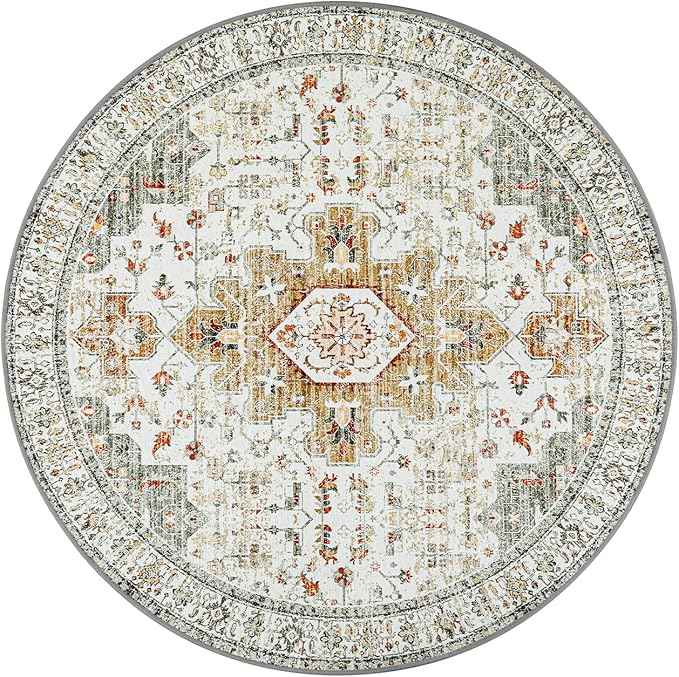 Moynesa Ultra-Thin Washable Round Rug - 4ft Oriental Circle Area Rugs for Bedroom Entryway, Vintage Non Slip Non Shedding Low Pile Carpet for Living Room Coffee Table Kitchen, Beige/Gold