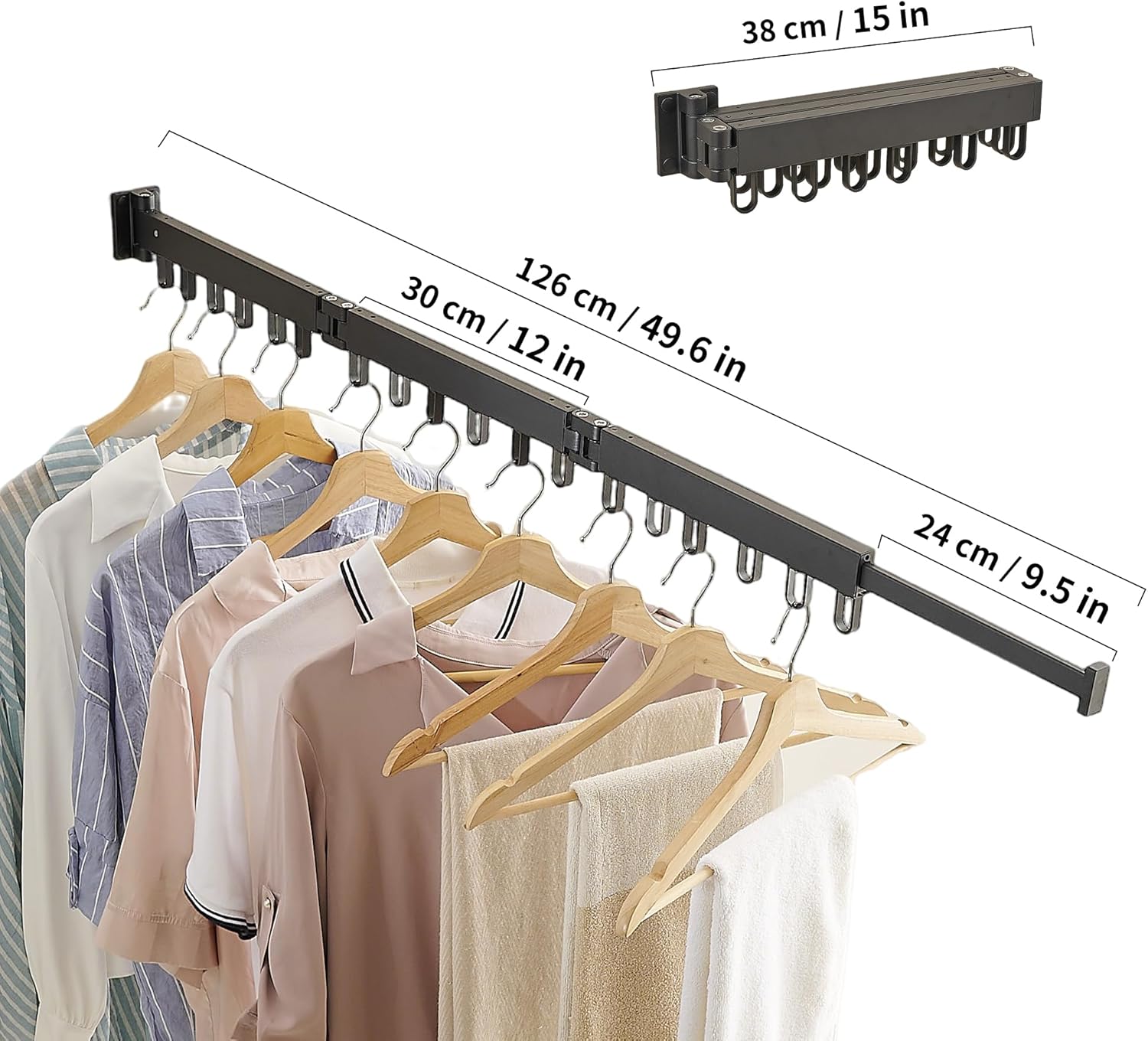 Clothes Drying Rack Wall Mounted, Laundry Drying Rack Collapsible, Space Saving Wall Drying Rack Clothing Foldable, Tri-Fold Retractable Rack Outdoor Indoor with 18 Hooks(Black，Loop-Shape Hooks) - NestledHome