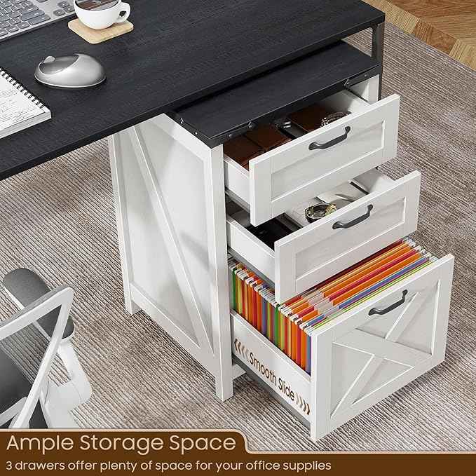 Vabches Vertical File Cabinet with 3 Drawers, Wooden Farmhouse Filing Cabinet for Letter/A4 Size Hanging Files, Under Desk Printer Stand with Storage for Home Office, White and Black