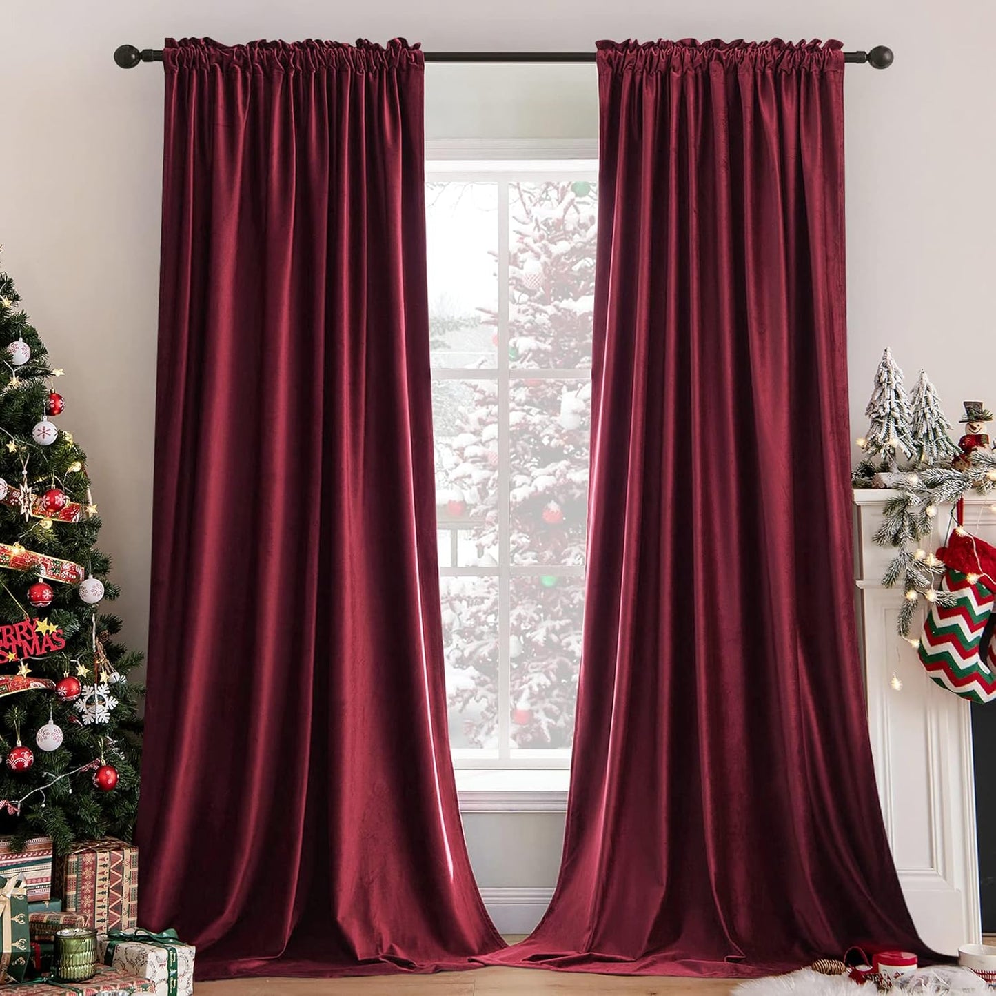 MIULEE Burgundy Velvet Curtains Thermal Insulated Blackout Curtain Christmas Drapes for Bedroom Living Room Darkening 96 Inches Long Curtains Panels Rod Pocket Set of 2