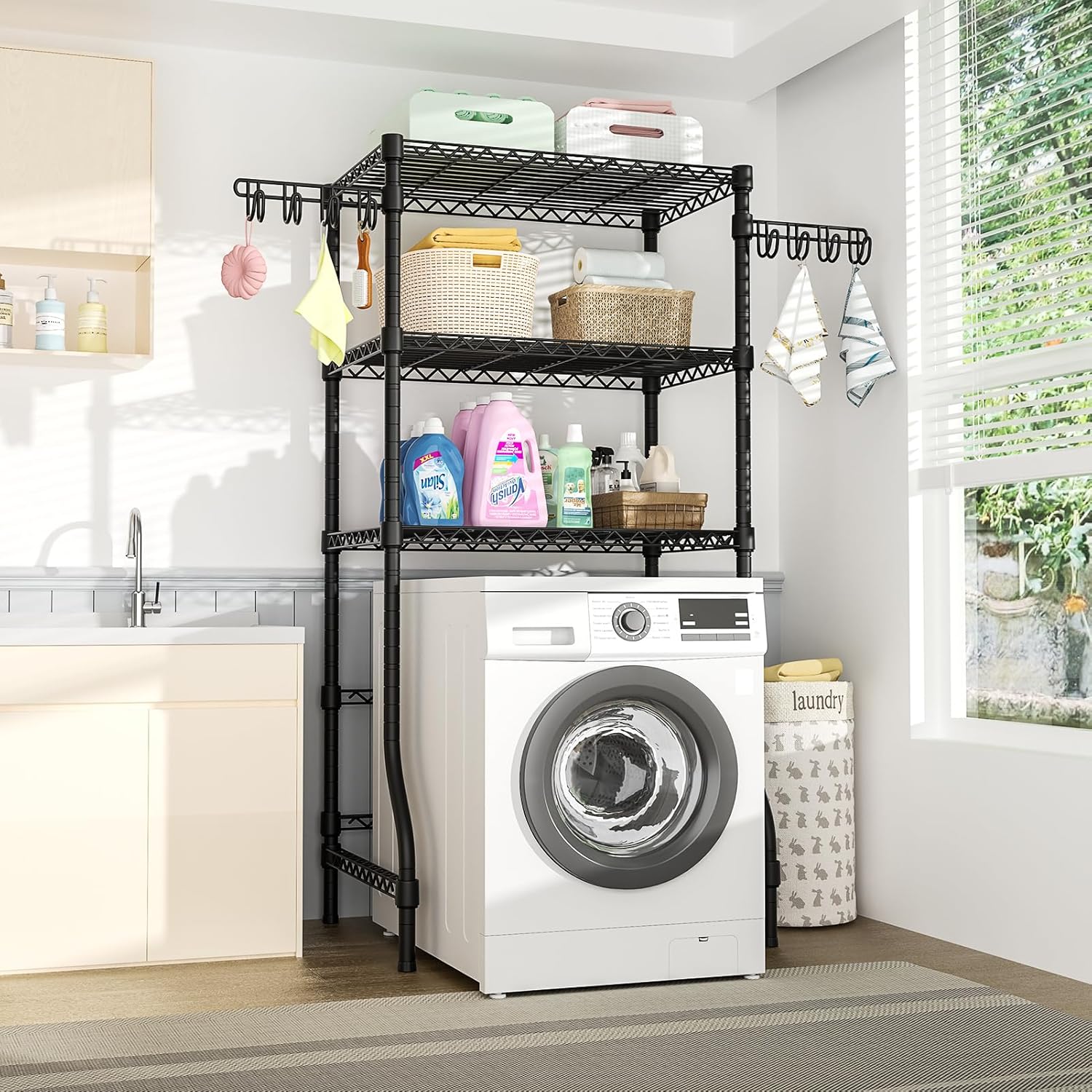 Ulif U8 Laundry Room Storage Organizer, Over The Washer and Dryer Storage Shelves for Laundry Organization, 35" W x 17.3" D x 76.2" H, Suit Washing Machine Width Within 32.6", Hold 304 lb, Black - NestledHome