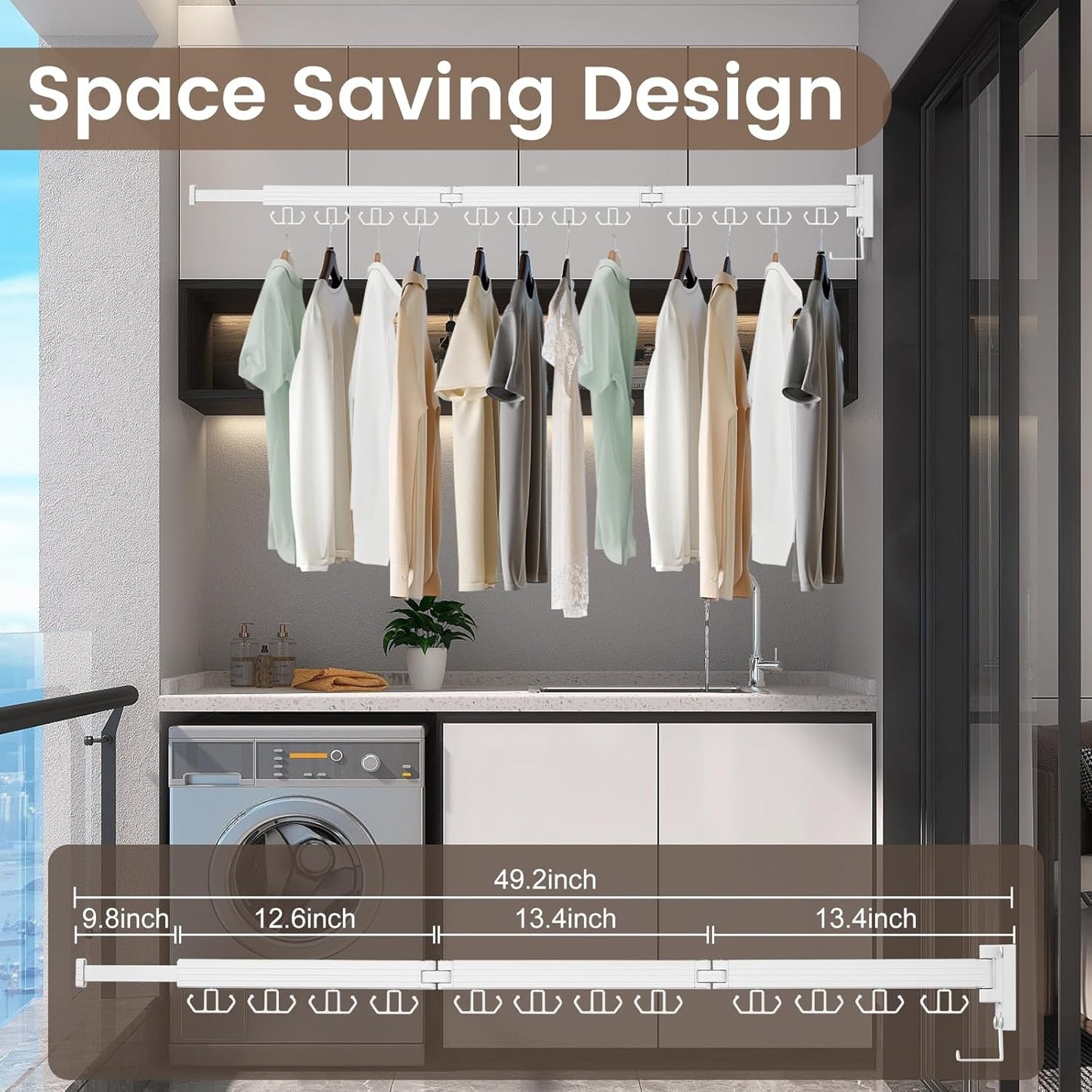 Clothes Drying Rack Wall Mounted, Retractable Drying Racks for Laundry, Foldable Drying Rack With 12 Hooks, Sturdy Tri-Fold Wall Mounted Space Saver for Laundry Room Balcony Bathroom - 49.8", White - NestledHome