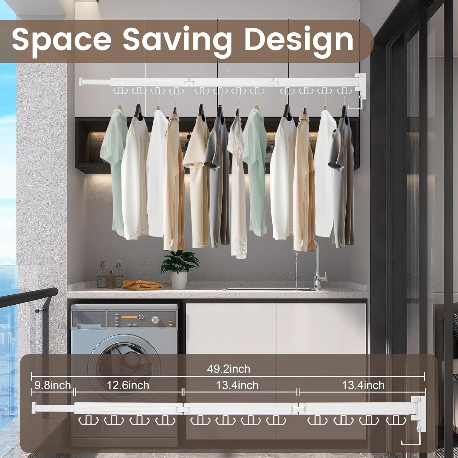 Clothes Drying Rack Wall Mounted, Retractable Drying Racks for Laundry, Foldable Drying Rack With 12 Hooks, Sturdy Tri-Fold Wall Mounted Space Saver for Laundry Room Balcony Bathroom - 49.8", White - NestledHome
