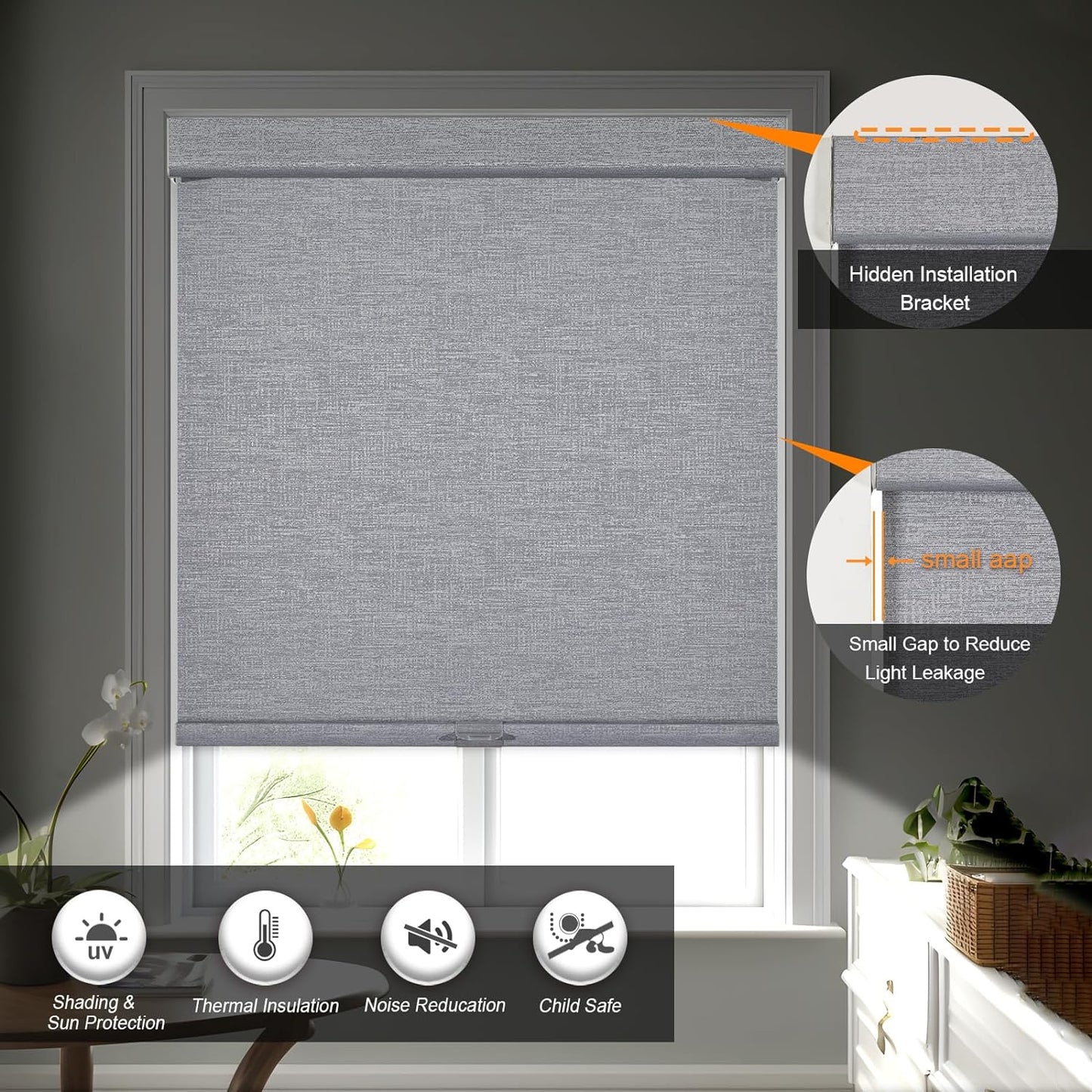 Persilux Blackout Roller Shades for Indoor Windows with Upgraded Cassette, Cordless Shades Window Blinds Pull Down for Doors, Easy to Install for Office/Living Room/Bedroom, Grey(30" W x 48" H)