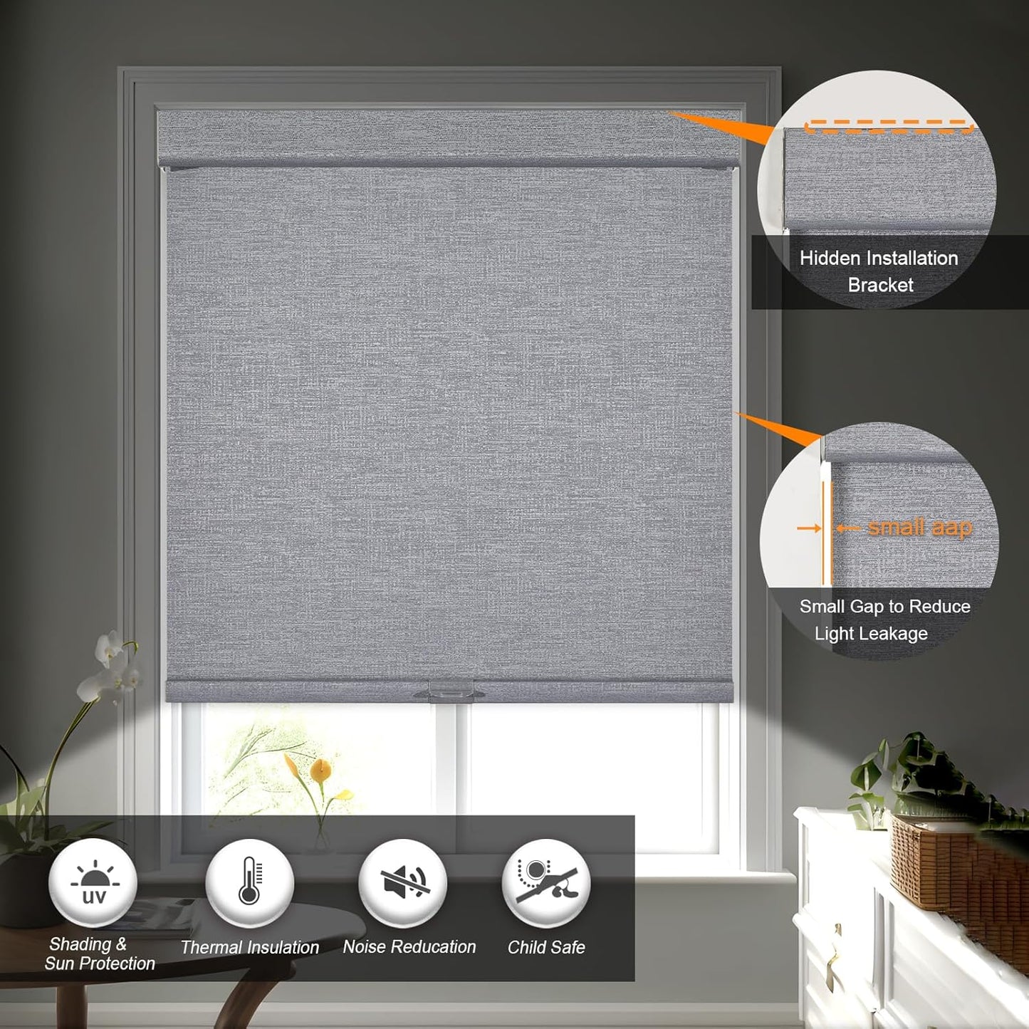 Persilux Blackout Roller Shades for Indoor Windows with Upgraded Cassette, Cordless Shades Window Blinds Pull Down for Doors, Easy to Install for Office/Living Room/Bedroom, Grey(50.5" W x 56" H)