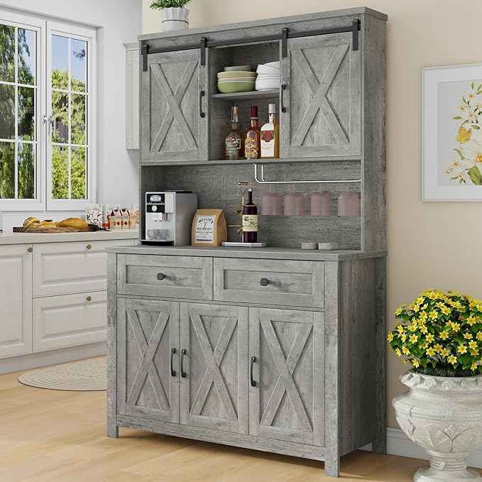 Vabches 67.7 Inch Farmhouse Pantry Storage Cabinet with Sliding Barn Doors, 2 Drawer Farmhouse Coffee Cabinet with Adjustable Shelf, Side Board with Buffet Cupboard for Kitchen, Livingroom.Gray