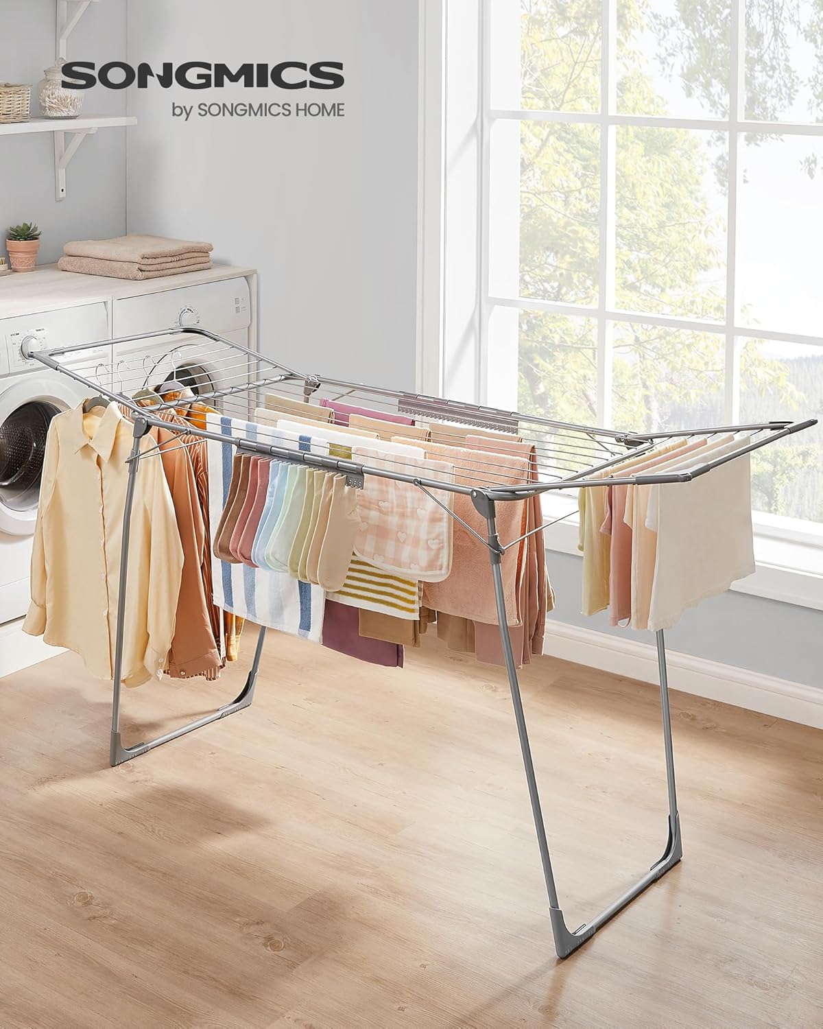 SONGMICS Clothes Drying Rack Foldable, Gullwing Laundry Drying Rack, Space-Saving, 22.2 x 68.1 x 38 Inches, Sock Clips, Metal Structure, for Clothes, Towels, Linens, Indoor, Outdoor Gray ULLR518G01 - NestledHome