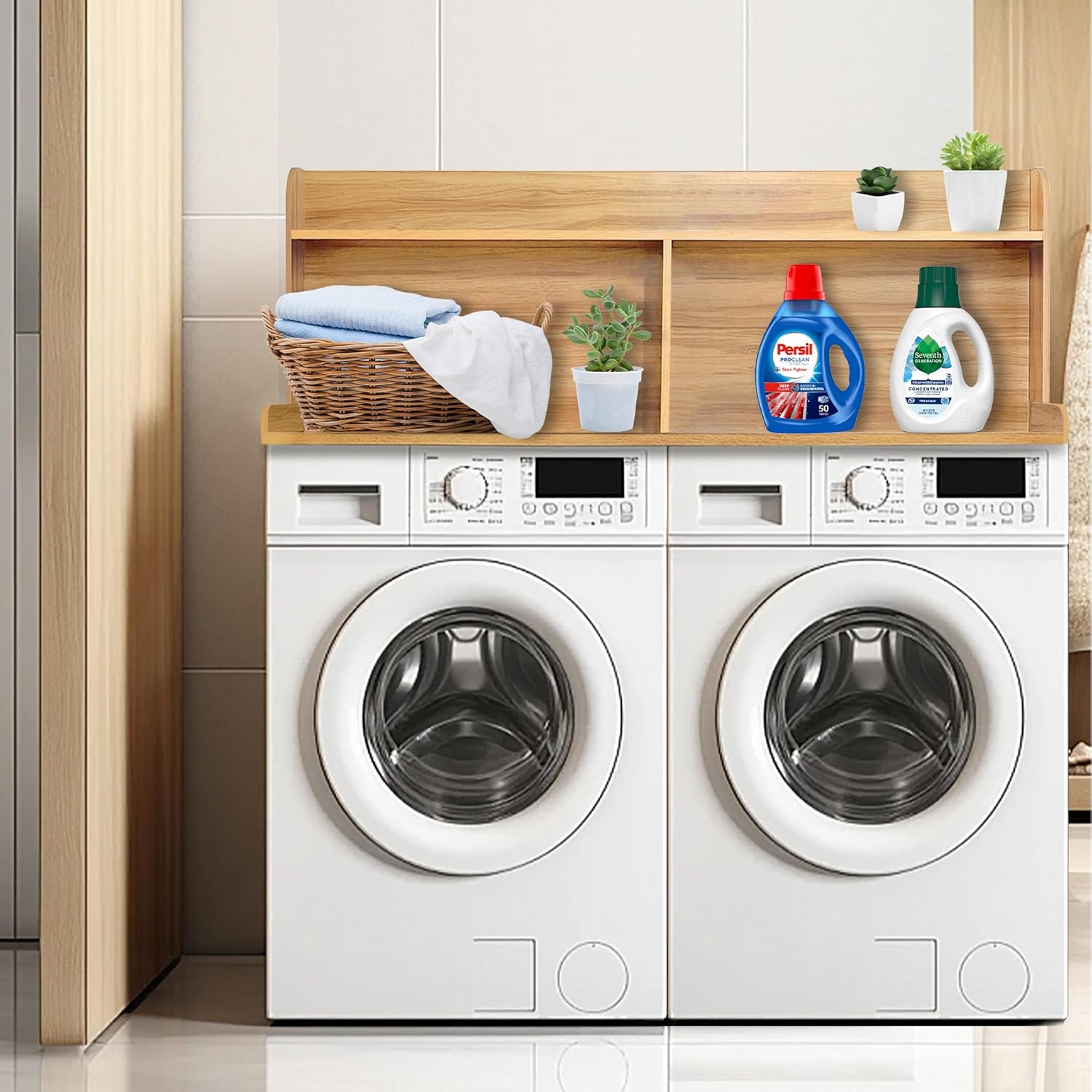 Royxen 2-Tier Washer Dryer Countertop,19.5" H Wood Washer Dryer Topper with Storage Shelf,Laundry Countertop Over Washer and Dryer, Universal Fit for Laundry Room Organization (Oak, 54" W X 27.5" D) - NestledHome