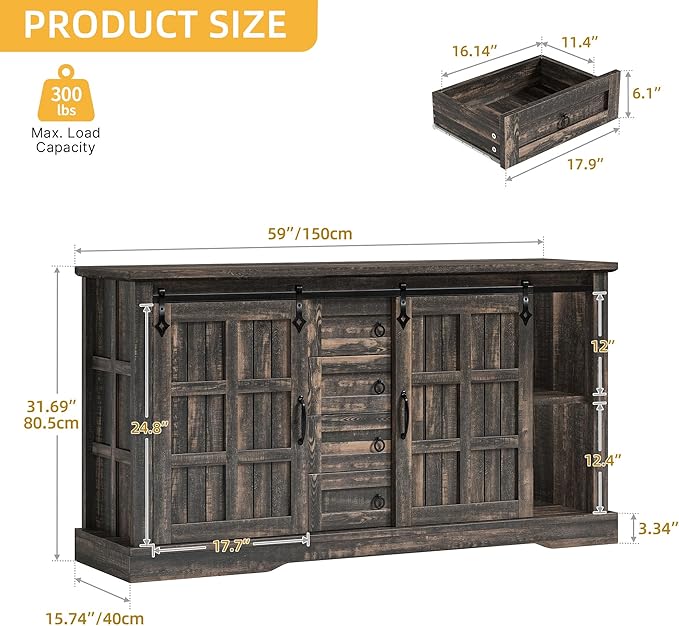 DWVO Farmhouse Sideboard Buffet Cabinet with Storage, Large Kitchen Storage Cabinet w/Sliding Barn Doors and Drawers for Dining Room, Living Rool, Dark Rustic Oak