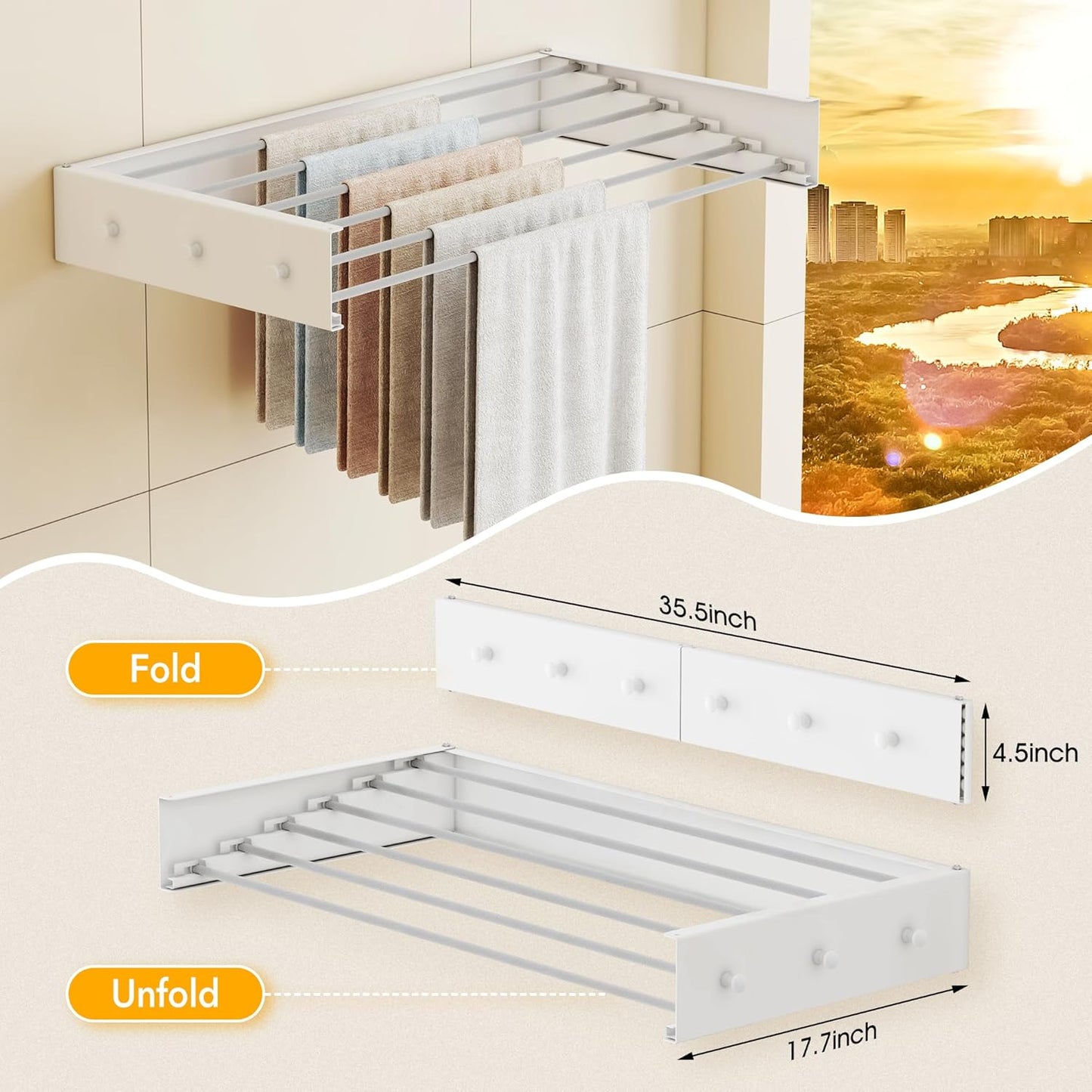 Upgrade Drying Rack Clothing,Clothes Drying Rack Wall Mounted,Laundry Drying Rack Wall Mount,Foldable,Collapsible,Retractable,6 Aluminium Poles,with Hooks,(White 35.5" - NestledHome