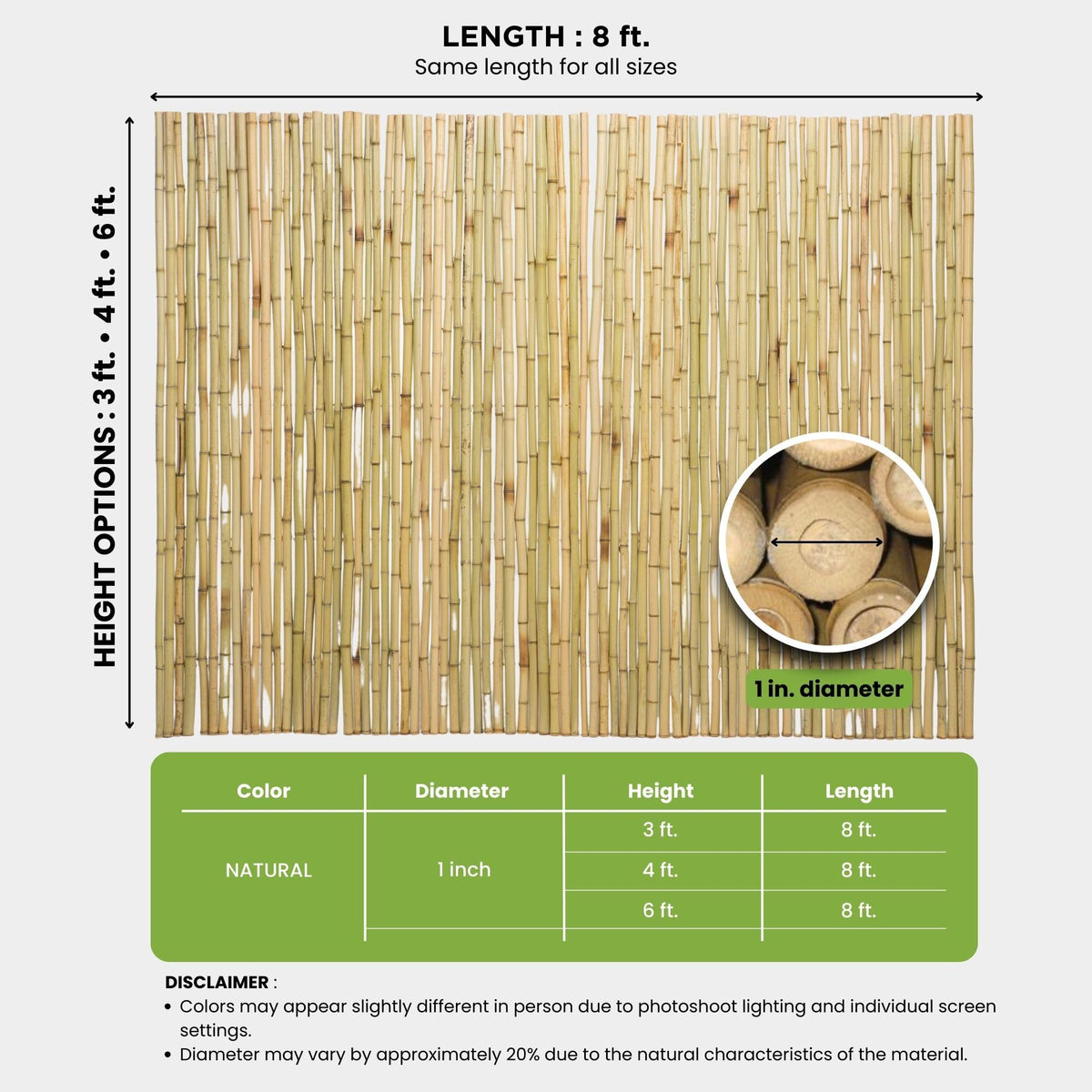 Natural Bamboo Fencing Decorative Rolled Fence Panel 1 in D x 6 ft H x 8 ft L