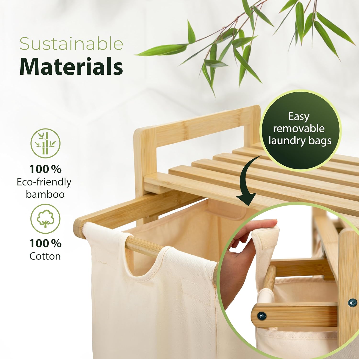 Laundry Hamper 3 Section beige - Large Bamboo Laundry Sorter with Removable Cotton Bags -Three Compartment Organizer for Clothes - Durable, Eco-Friendly, and Stylish Storage Solution for Home - NestledHome