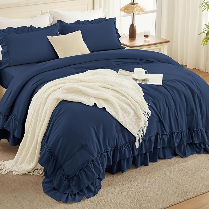 Andency Navy Blue Full Size Comforter Set (79x90Inch), 3 Pieces Farmhouse Shabby Chic Ruffle Bedding Comforter Sets, All Season Soft Lightweight Microfiber Bed Set