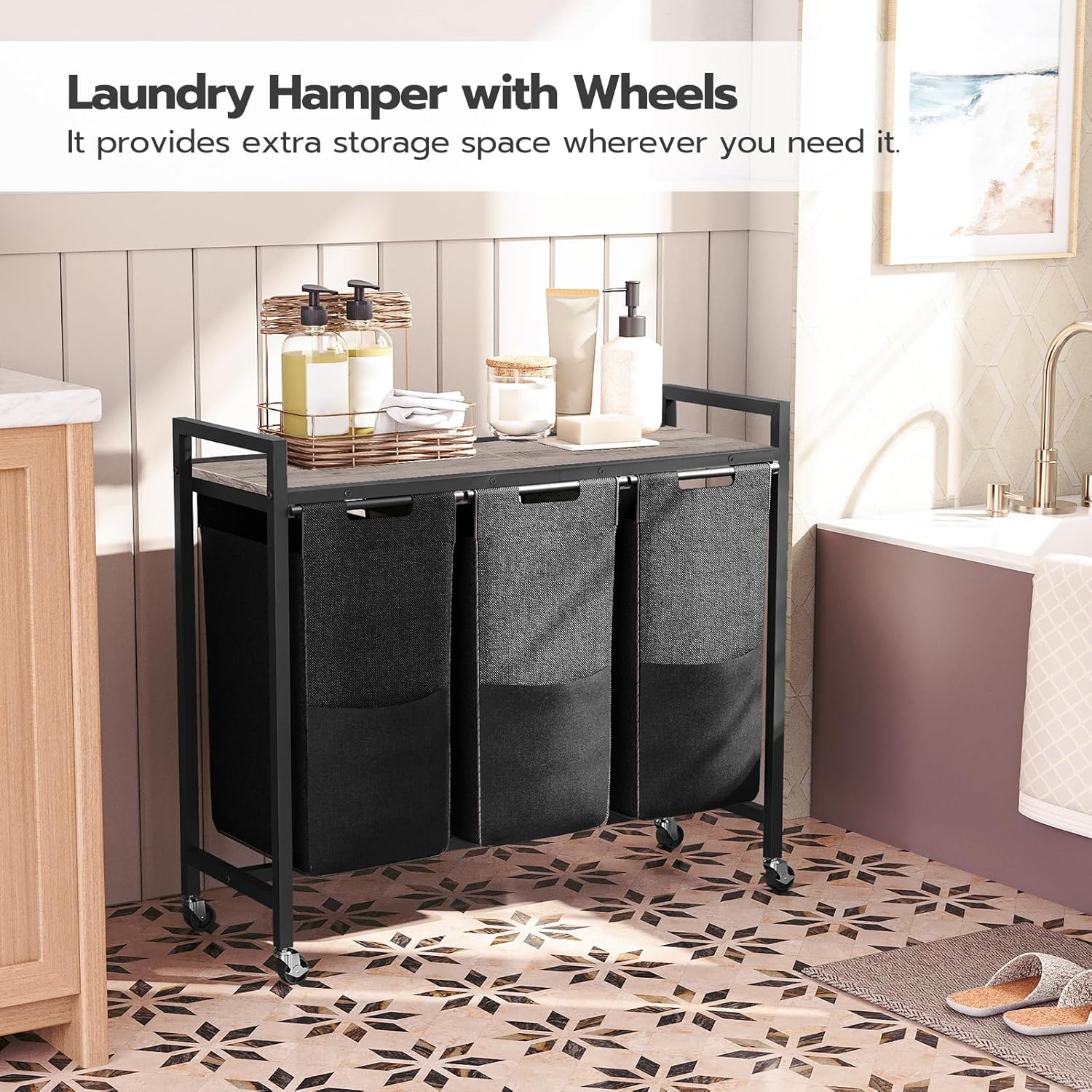 HOOBRO Laundry Sorter 3 Section, Laundry Hamper with Wheels, 3 × 11.5 Gal (43.4L), Rolling Laundry Basket, Pull-Out and Removable Oxford Fabric Bags, Greige and Black BG76XY01 - NestledHome