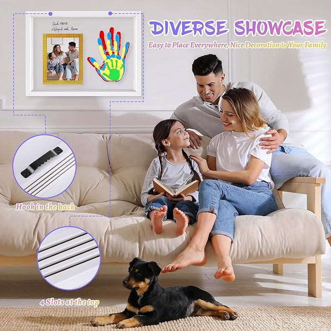 Family Handprint Keepsake Frame Kit with Photo Display – DIY 3D Floating Layered Design for Mom, Dad and Baby – Safe Non-Toxic Paint Set for Footprints – Perfect Baby Shower Gifts, New Parents Couples Keepsake, Home Decor 13.1x9.6 Inch (White)