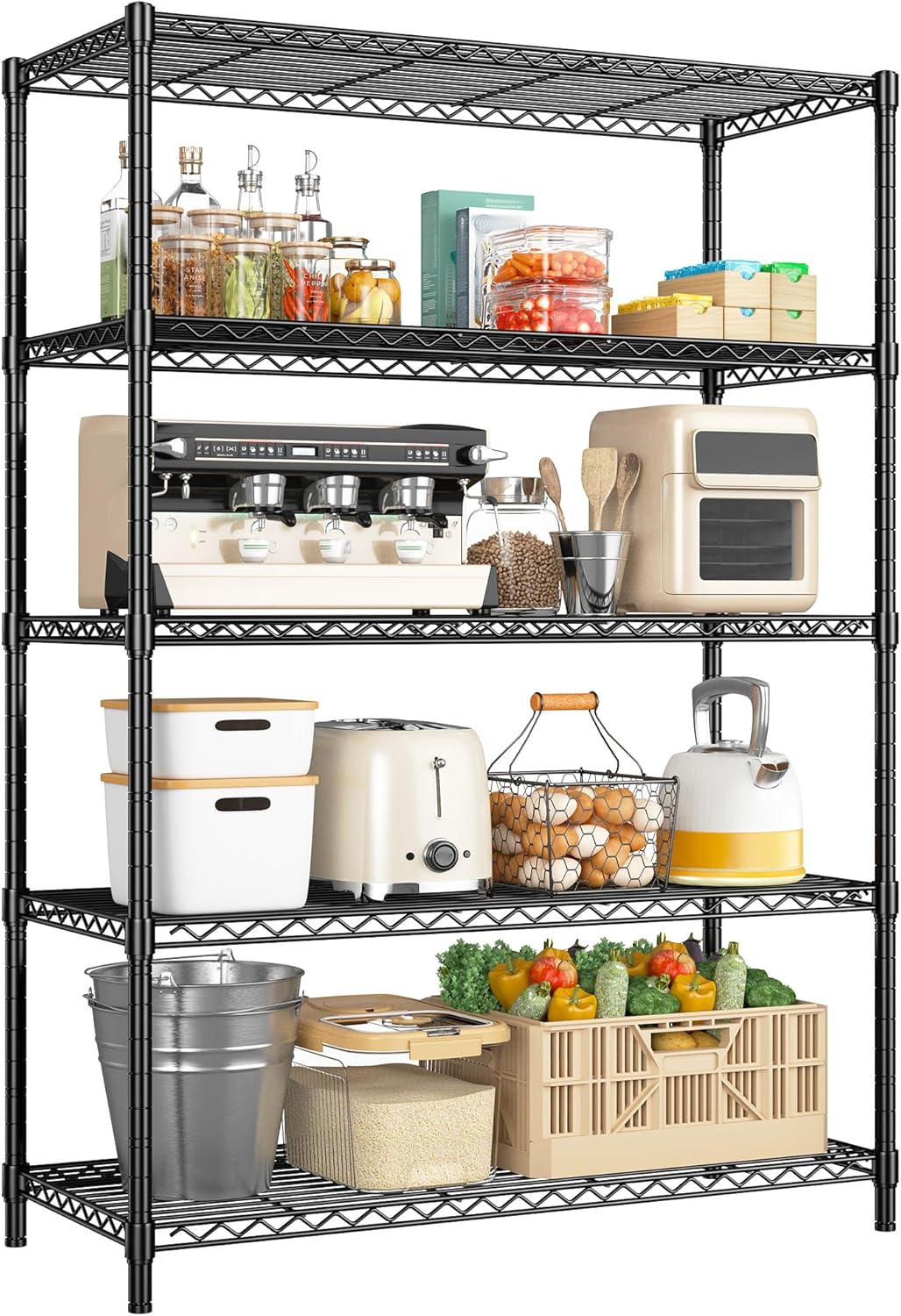 5 Tier Storage Shelves 71"H Wire Shelving Adjustable Metal Shelving,1000LBS Pantry Shelves Sturdy Steel Wire Shelf for Kitchen Commercial Pantry Garage Warehouse ,71"H X35.5"W X13.8"D, Black - NestledHome