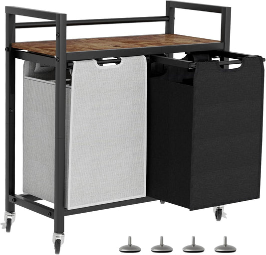 Laundry Hamper, Laundry Basket, Laundry Sorter with 2 Removable Bags, Clothes Basket with 2 Compartments, Wheels, Shelf for Laundry Room Bathroom Bedroom (2 Bags-Black Grey) - NestledHome