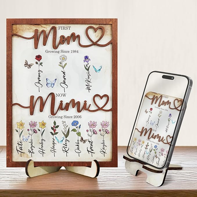 First Mom Now Grandma Wood Frame with Phone Stand Gifts Mothers Day New Grandmother Custom Grandma's Garden Plaque Birth Month Flowers Sign with Grandkids Names, Birthday Gift for Nana, Dog Cat