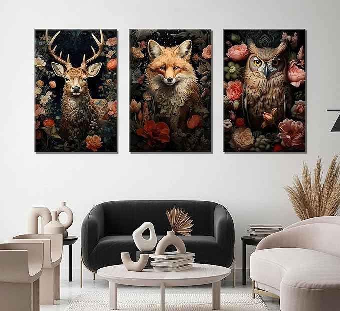 Magical Forest Animal Canvas Wall Art Flowers And Wild Animals Prints Wall Decor Dark Cottagecore Posters Gothic Vintage Botanical Floral Painting Picture Nature Room Decor Bedroom Decoration Framed