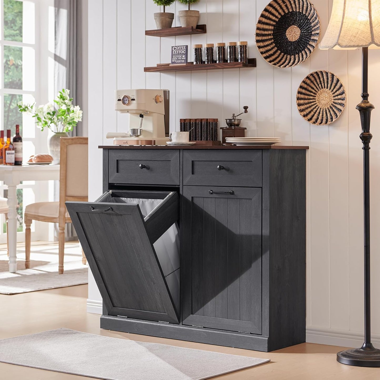 Double Tilt Out Laundry Hamper Cabinet, 20 Gallon Farmhouse Trash Can Cabinet with Drawer, Hidden Wood Garbage Can Bin Cabinet with Laundry Storage Basket for Bathroom, Kitchen, Dark Grey - NestledHome