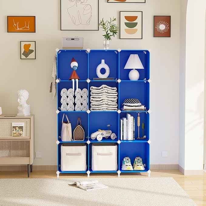 AWTATOS Cube Storage Organizer, 12 Cube Closet Organizers and Storage Shelves, DIY Stackable Bookshelf for Bedroom, Home, Admiral Blue
