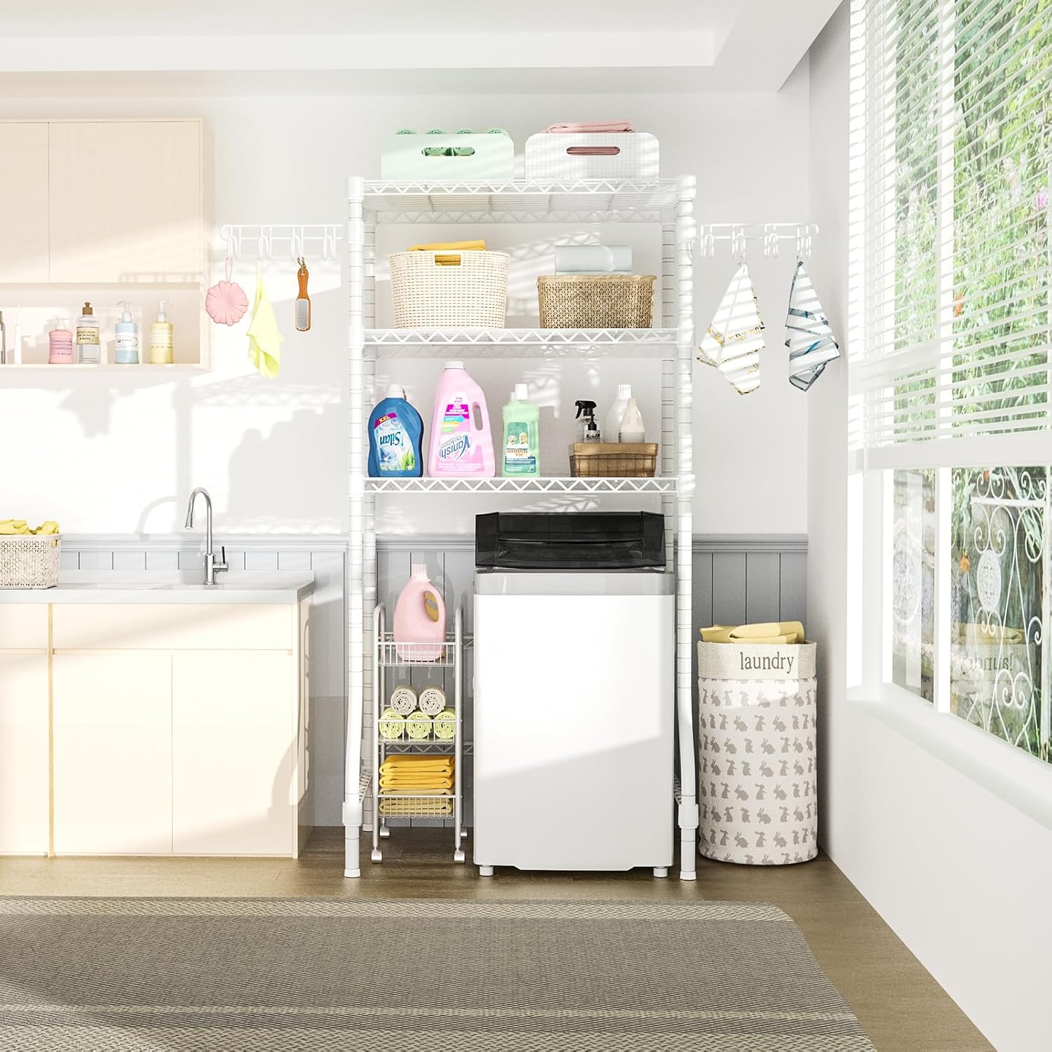 Ulif U8 Laundry Room Storage Organizer, Over The Washer and Dryer Storage Shelves for Laundry Organization, 35”W x 17.3”D x 76.2”H, Suit Washing Machine Width Within 32.6”, Hold 304 lb, White - NestledHome