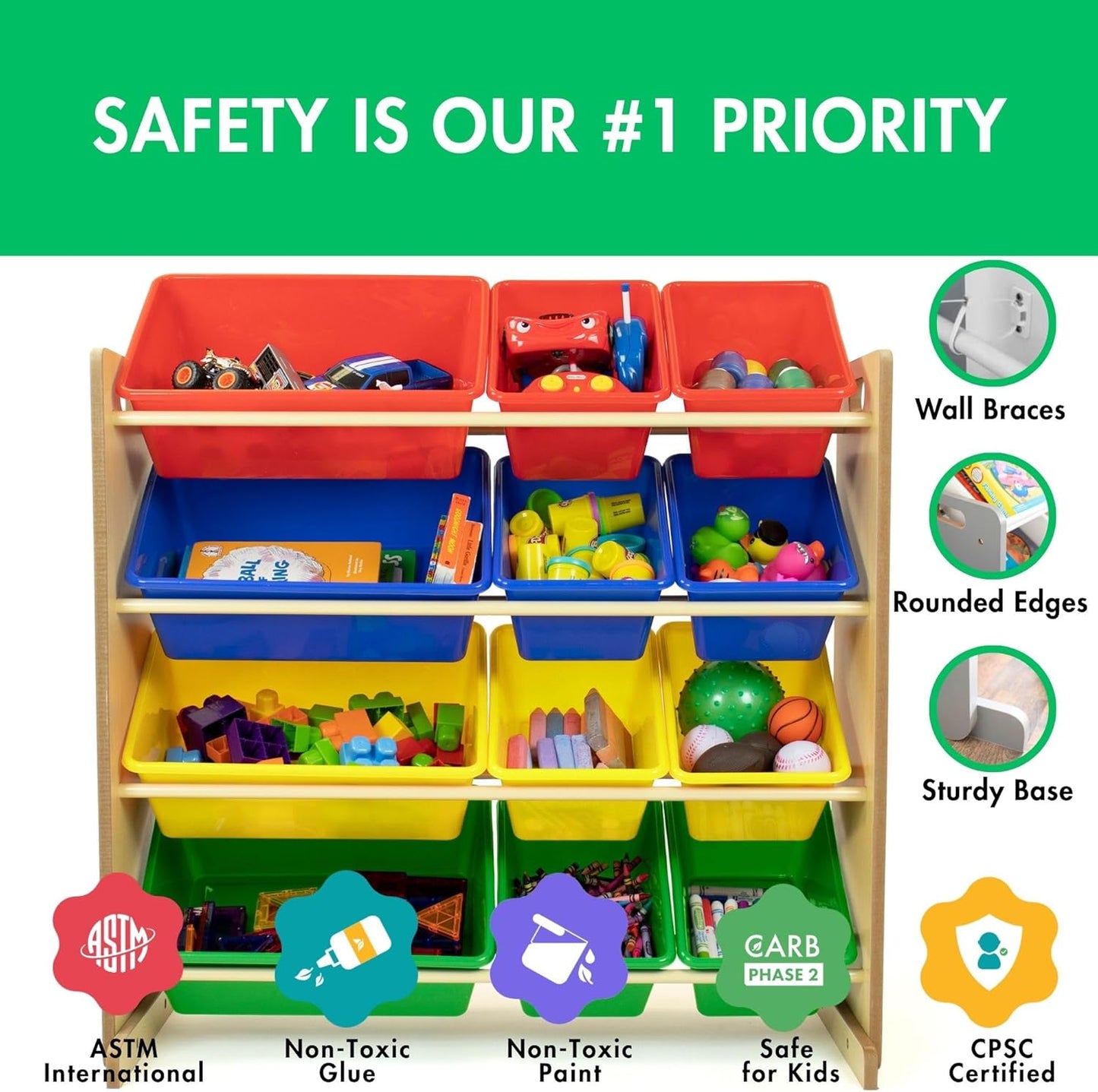Humble Crew, Natural/Primary Kids' Toy Storage Organizer with 12 Plastic Bins, 34*35*15.5inch - NestledHome