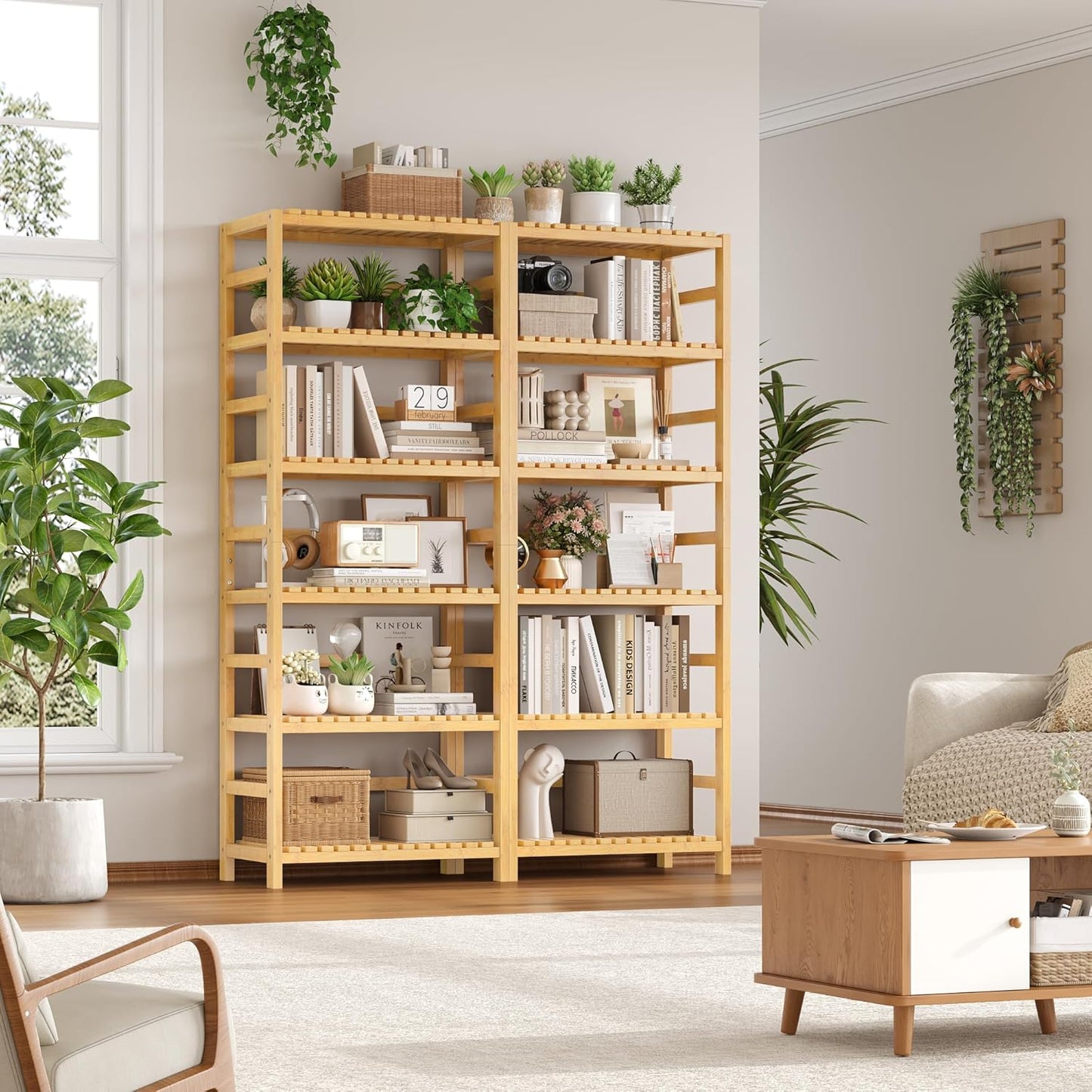 FOTOSOK 6-Tier Bamboo Shelf Set of 2, Bamboo Bookcase with Adjustable Shelves, Free Standing Storage Shelf Unit and Plant Flower Stand, Tall Large Bookshelf for Kitchen, Bathroom, Home Office, Natural - NestledHome