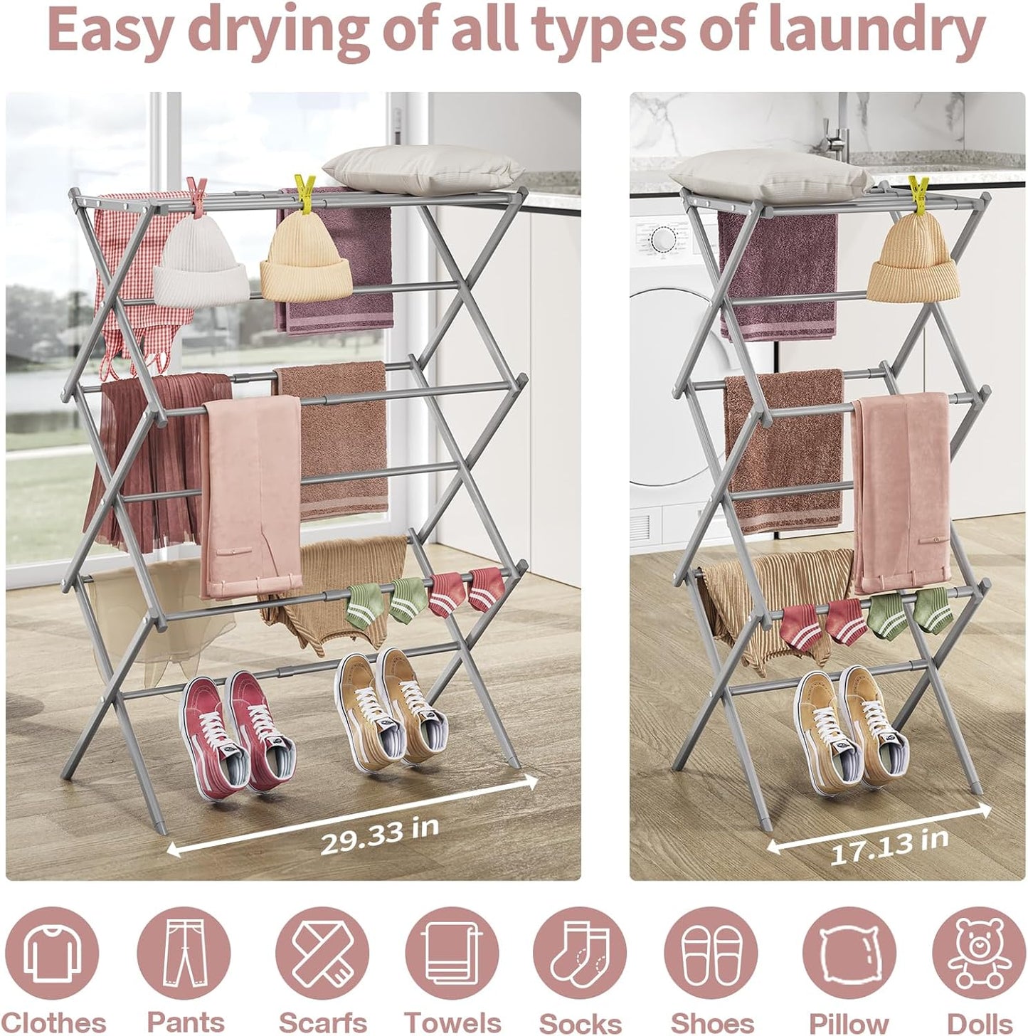 APEXCHASER Clothes Drying Rack, 3-Tier Laundry Drying Rack for Clothes, Expandable Metal Clothing Dryer, Collapsible Towel Rack, Air Drying Rack, Grey - NestledHome