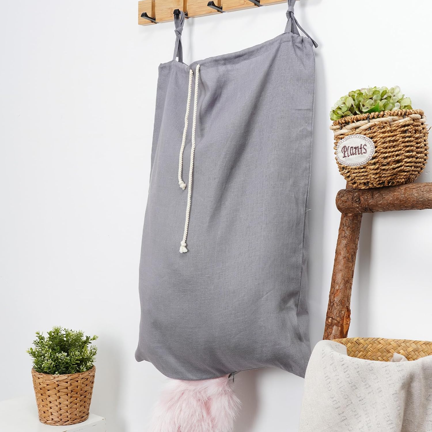 Linen Hanging Laundry Bag, Over The Door Laundry Hamper for Dirty Clothes, Drawstring Closure with Bottom Zipper, Gray - NestledHome