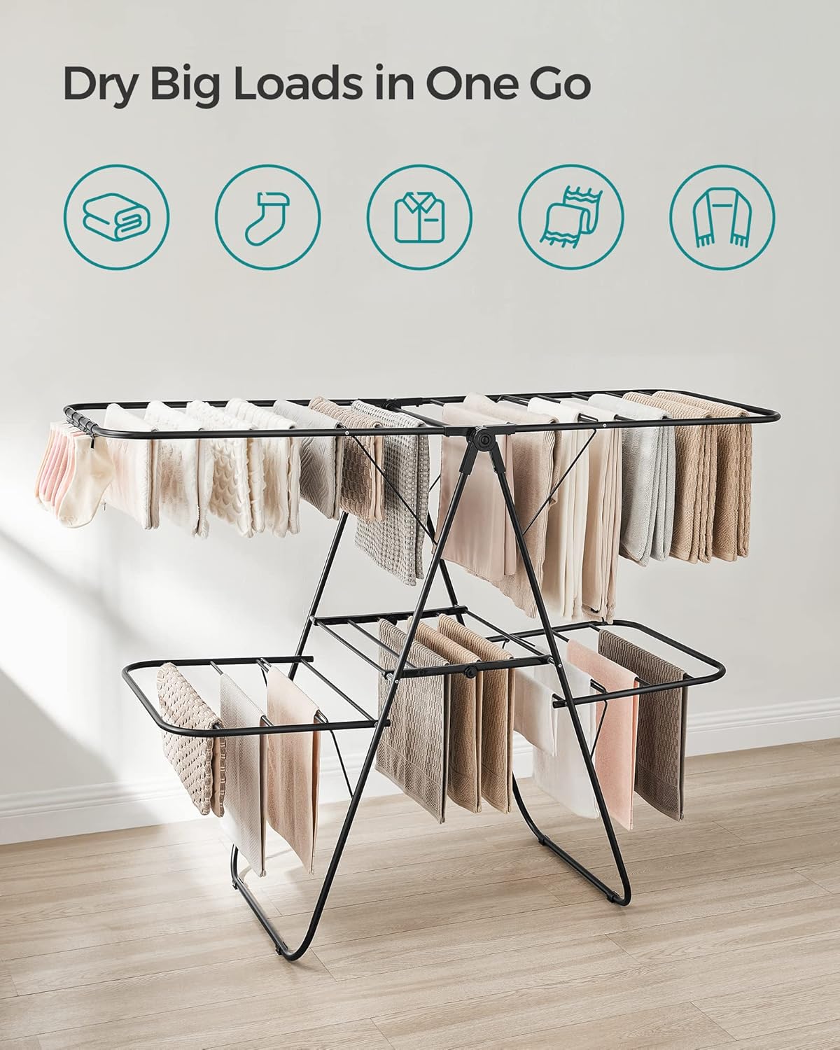 SONGMICS Clothes Drying Rack, Foldable 2-Level Laundry Drying Rack, Free-Standing Laundry Airer, with Height-Adjustable Wings, 33 Drying Rails, Sock Clips, Black ULLR053B01V1 - NestledHome