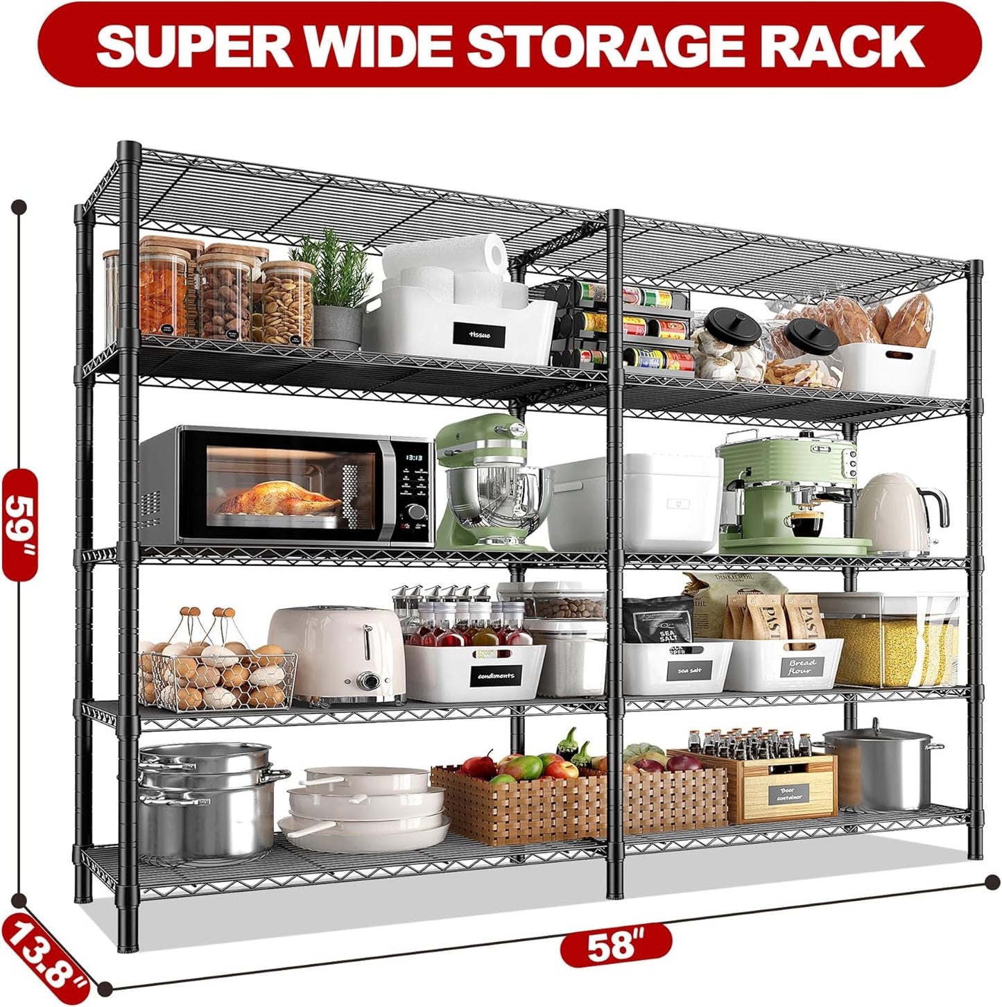 REIBII 5 Tier Wire Shelving Storage Shelves Loads 1430LBS, 58" W Metal Shelving Unit for Storage Adjustable Heavy Duty Garage Shelving Pantry Shelves Kitchen Shelving, Black, 2 Pack - NestledHome