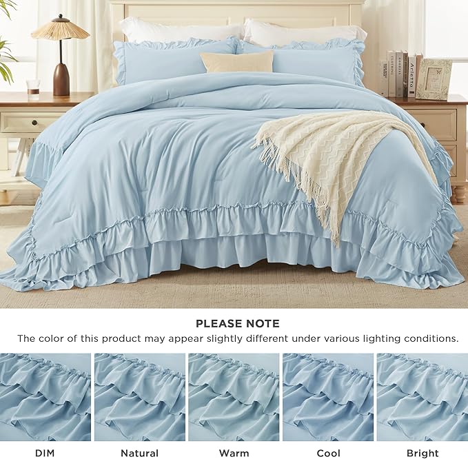 Andency Light Blue Queen Comforter Set (90x90Inch), 3 Pieces Lightweight Fluffy Ruffle Bedding Comforter Sets for Queen Bed, Farmhouse Shabby Chic Soft All Season Bed Set