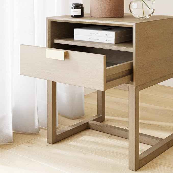 Nathan James Harper Modern Nightstand Side Accent or End Table with Storage Drawer, Set of 2, Light Brown