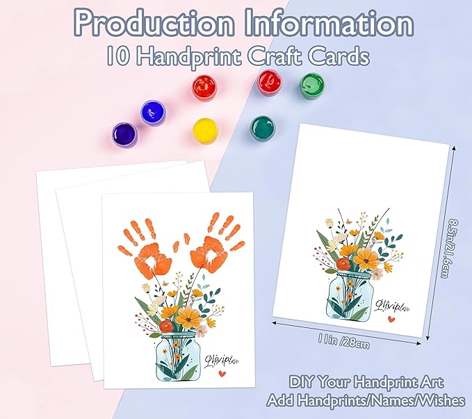 Handprint Kit for Mother's Day & Birthday Gifts, 10 Bulk Personalized Floral Greeting Cards, 8.5x11 Inch DIY Keepsake Art for Mom, New Moms, Grandmas (Mothers Day Crafts & Birthday Celebration Ideas)