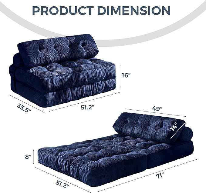 MAXYOYO Folding Sofa Bed, Convertible Sleeper Chair with Pillow Foldable Matress with Back Support, Portable Fold Out Chair Bed Comfy Floor Sofa Lounge for Living Room Bedroom, Navy Double