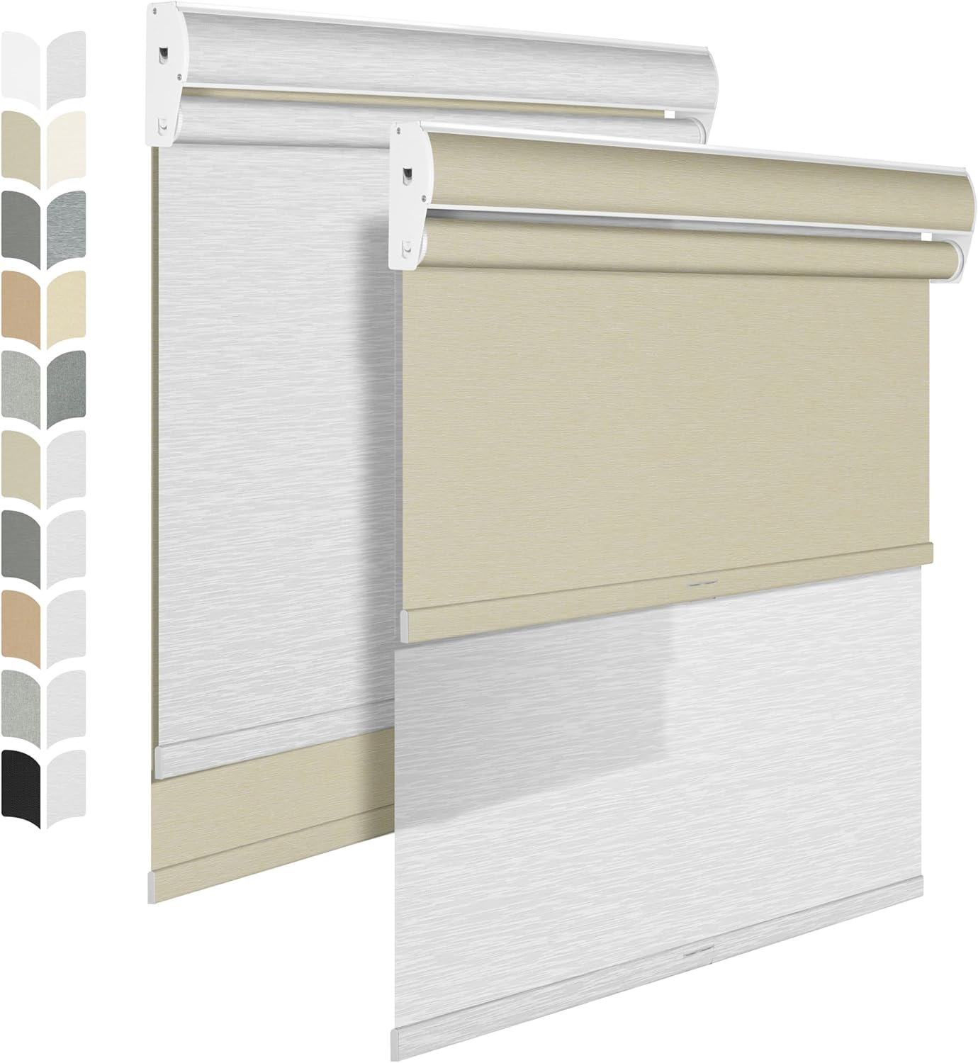 BERISSA Cordless Dual Roller Shades with Cassette Valance,Double Window Shades Blackout and Light Filtering Shades,Day and Night Roller Shades for Home Office Door.Beige and White.32 W x 48" H