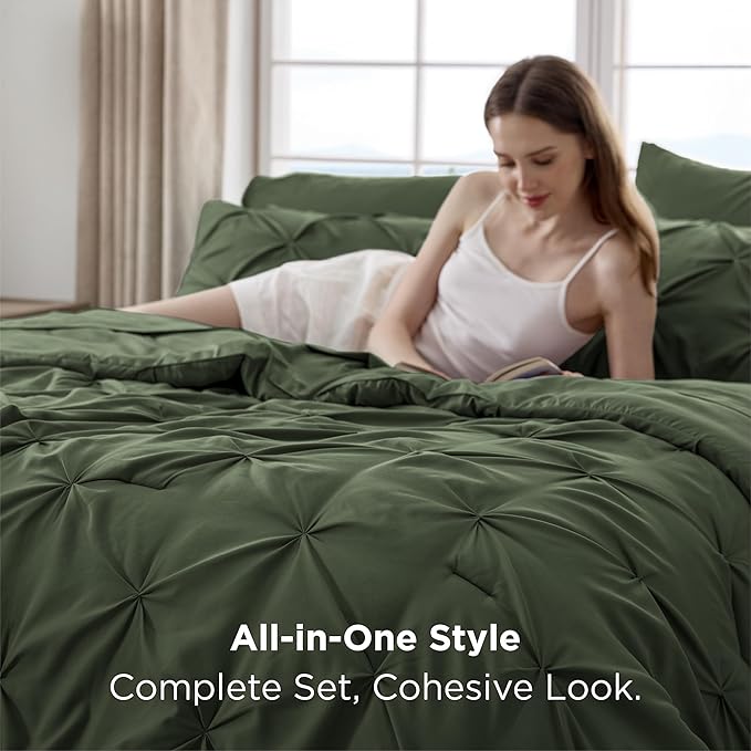 Bedsure Oversized King Comforter Set Olive Green - Bed in a Bag Bedding Set 7 Pieces, GentleSoft™ Pintuck Bed Set Gift for Family, Pinch Pleat Olive Green Comforter with Sheets, Pillowcases & Shams