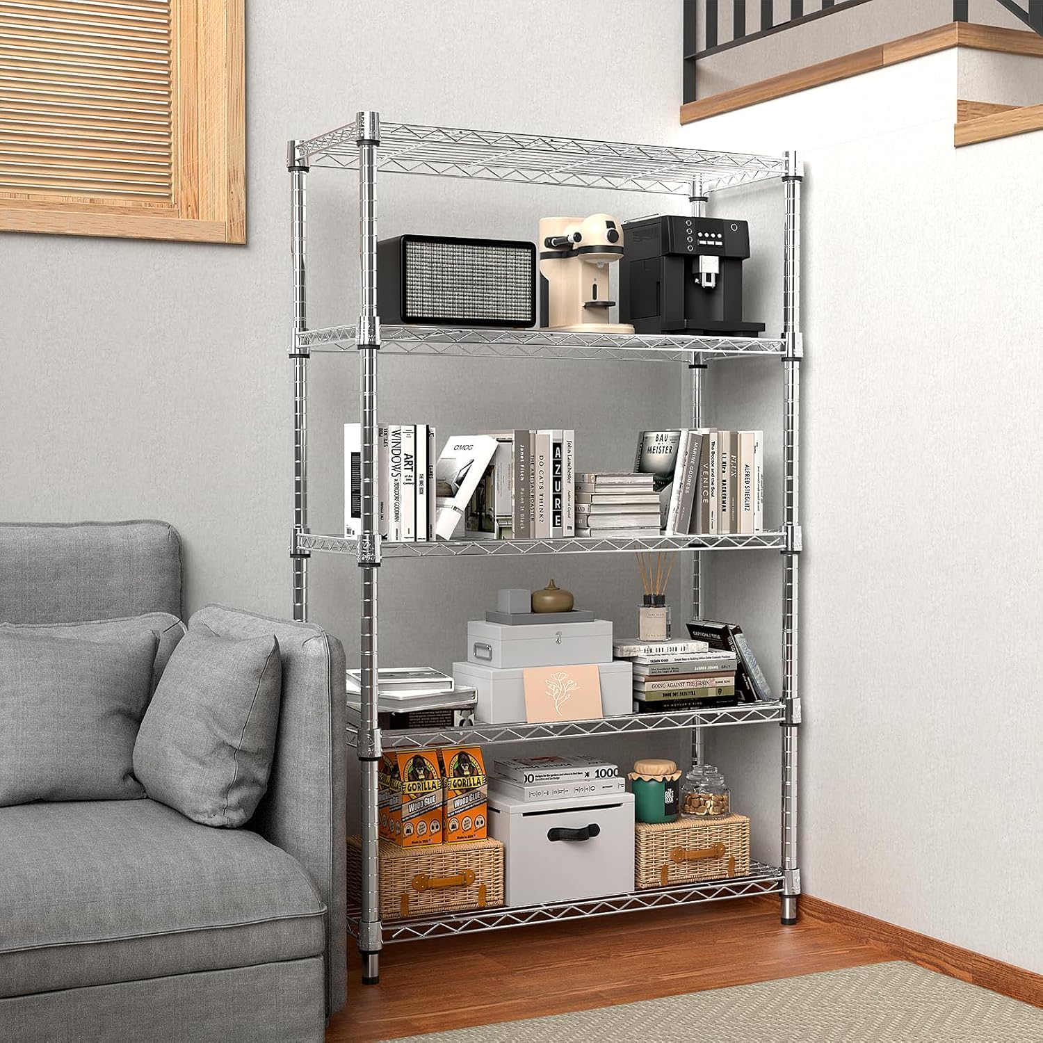 1250 lbs Steel Heavy Duty 5-Tier Utility Shelving Unit Steel Organizer Wire Rack for Home,Kitchen,Office,Chrome (13.7" D x 23.6" W x 62.4" H) - NestledHome