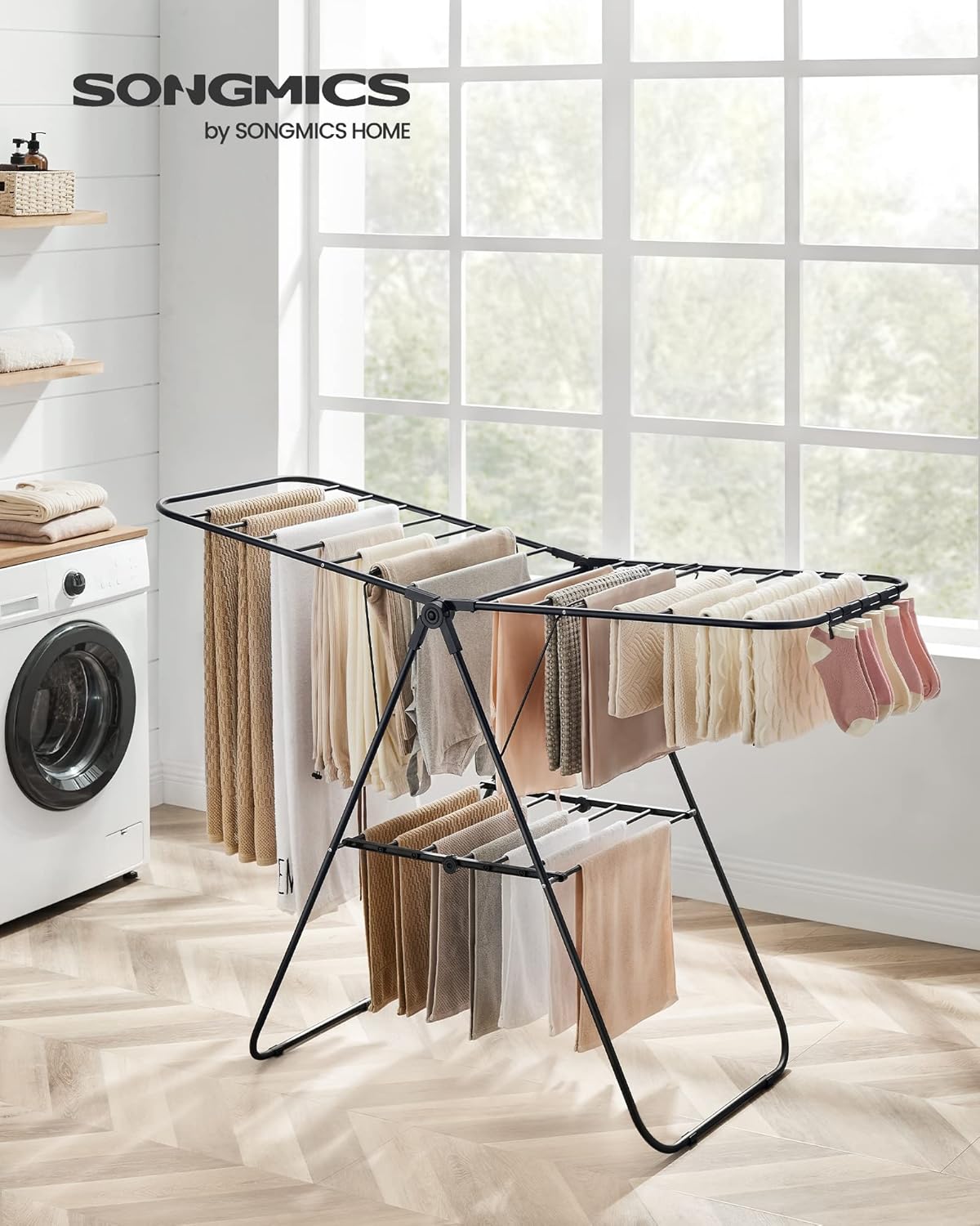 SONGMICS Clothes Drying Rack, with Sock Clips, Metal Laundry Rack, Foldable, Space-Saving, Free-Standing Airer, with 2 Height-Adjustable Gullwings, Indoor Outdoor Use, Black ULLR052B01 - NestledHome