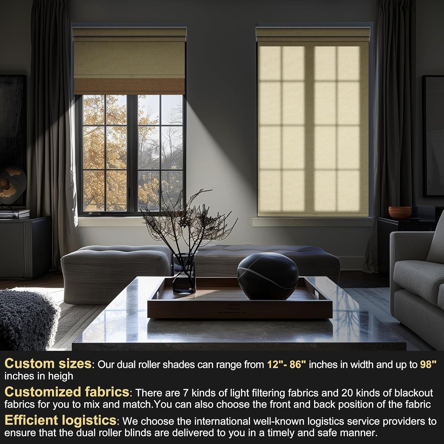 BERISSA Cordless Dual Roller Shades with Cassette Valance,Double Window Shades Blackout and Light Filtering Shades,Day and Night Roller Shades for Home Office Door.Linen Beige.60 W x 44" H